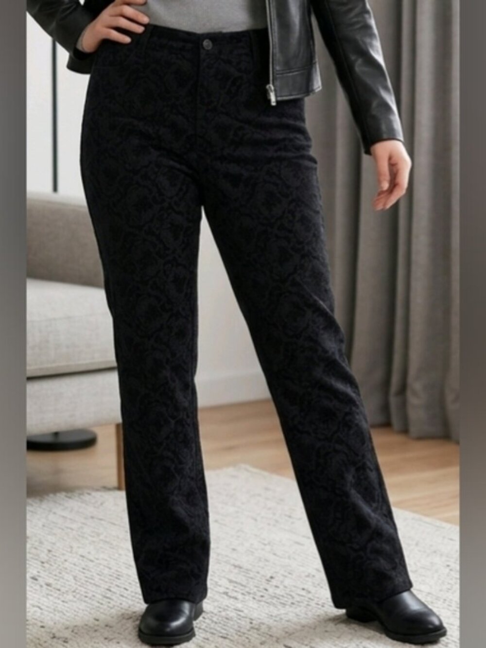 Talbots Heritage 8P Black Paisly Textured Velour Hi Rise Stretch Pants